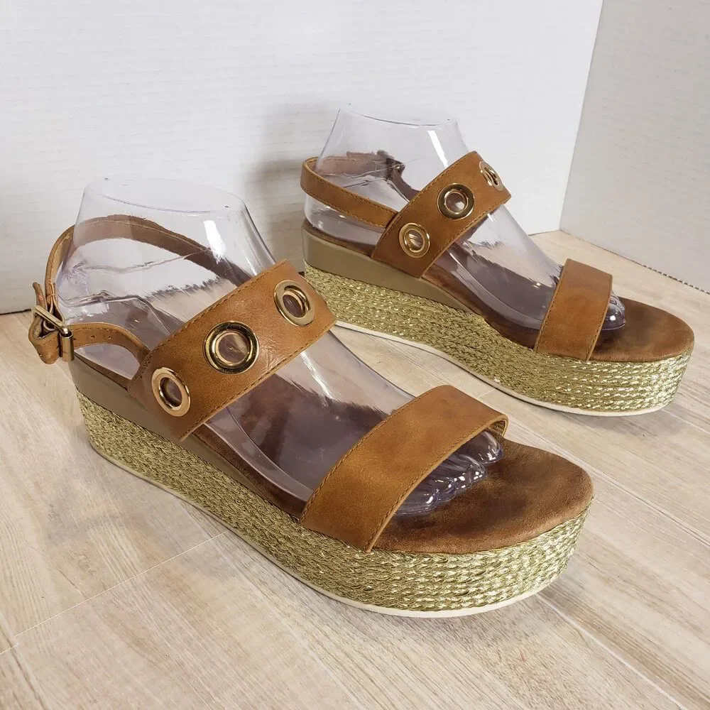 Patrizia Spring Step Metallic Buckle Accent Platform Espadrille Sandals US 10.5